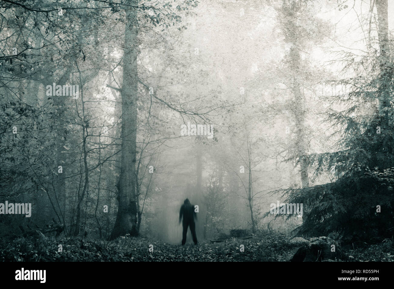 A lone blurred sinister hooded figure on a path in a dark, spooky forest in winter. With a blue, grunge, grainy edit. Stock Photo