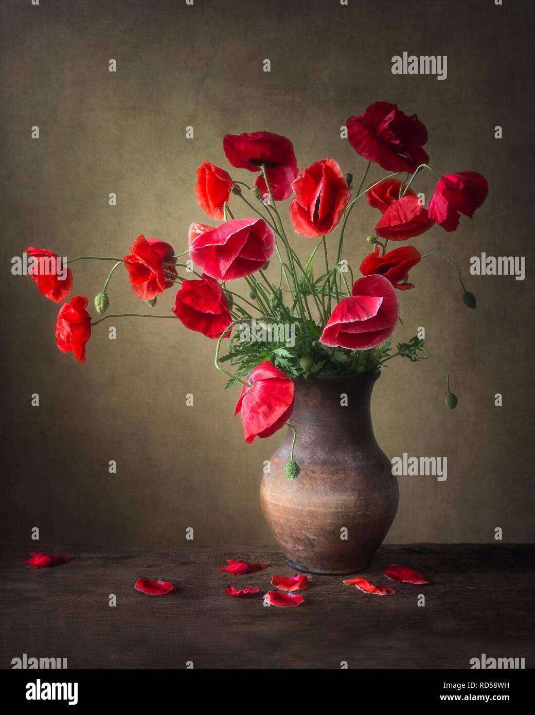 Still life with bouquet of red poppies Stock Photo