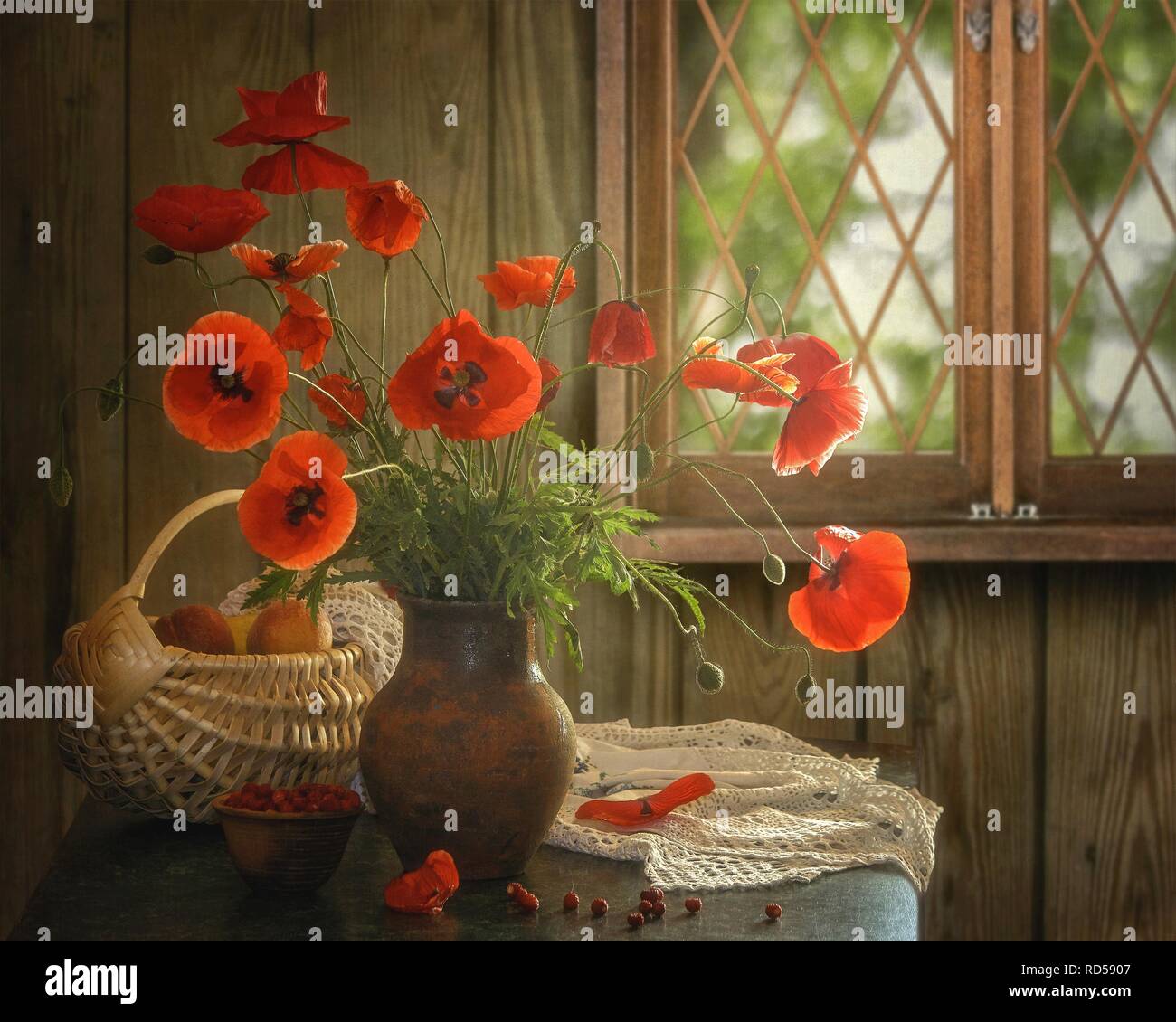 Still life with bouquet of red poppies Stock Photo - Alamy