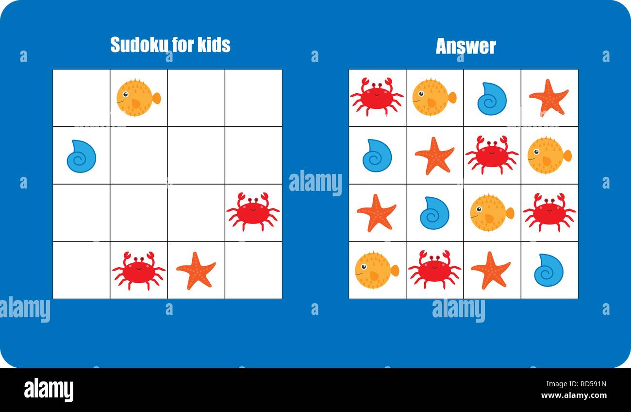 Sudoku game with ocean animals for children, easy level, education game for kids, preschool worksheet activity, task for the development of logical th Stock Vector
