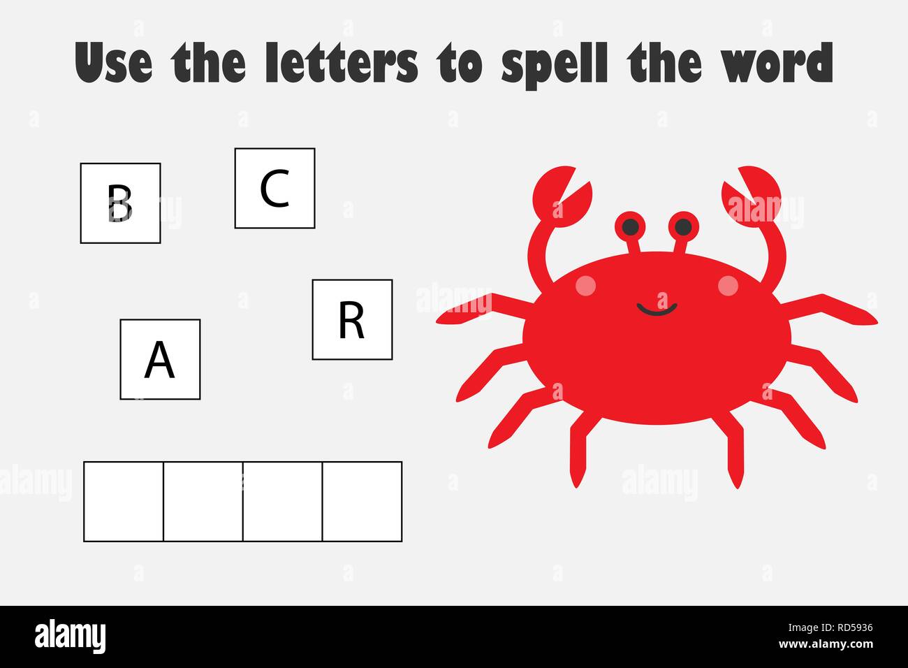 Use the letters to spell the word, crab in cartoon style, educational