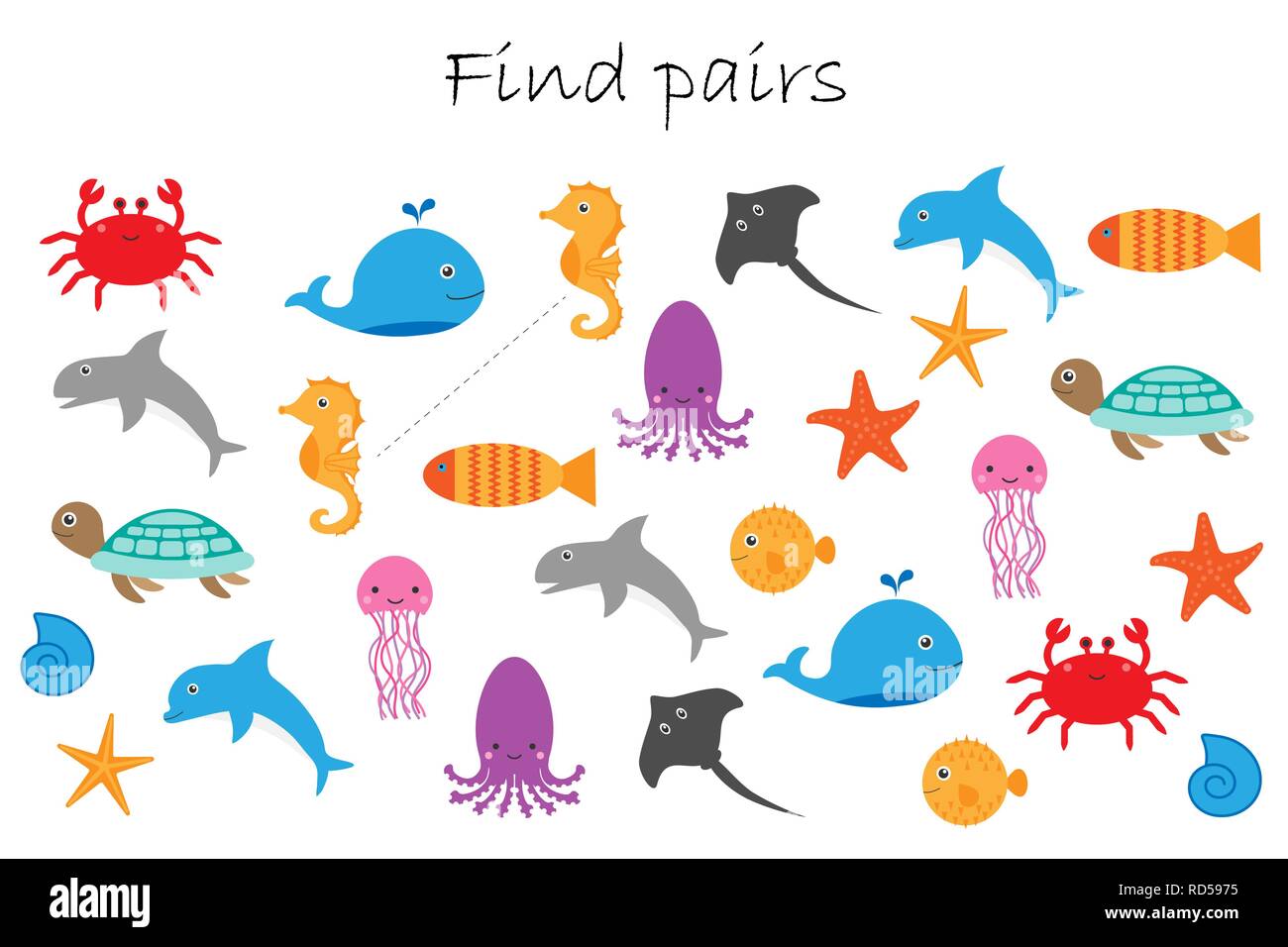 Find pairs of identical pictures, fun education game with different ocean animals for children, preschool worksheet activity for kids, task for the de Stock Vector