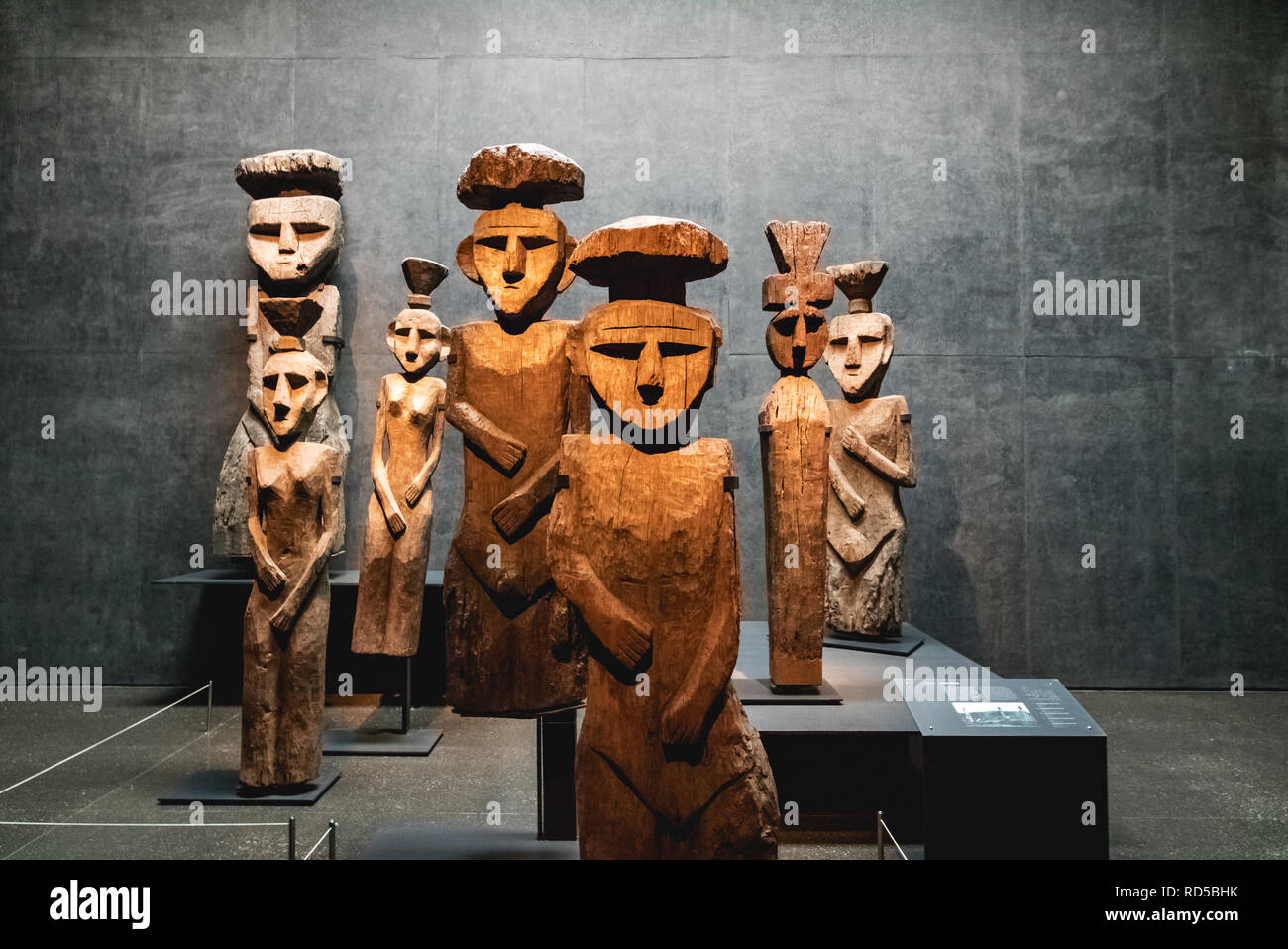 Chemamull wood statues at Pre-columbian Art Museum - Santiago, Chile Stock Photo