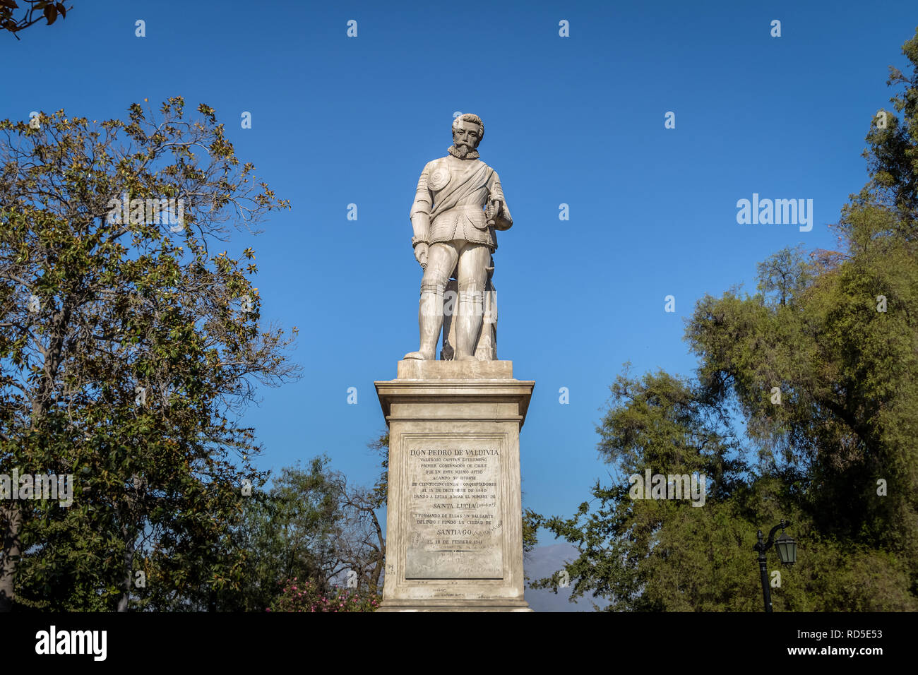 Statue of Pedro de Valdivia, founder of Santiago city, at Valdivia Square in Santa Lucia Hill - Santiago, Chile Stock Photo