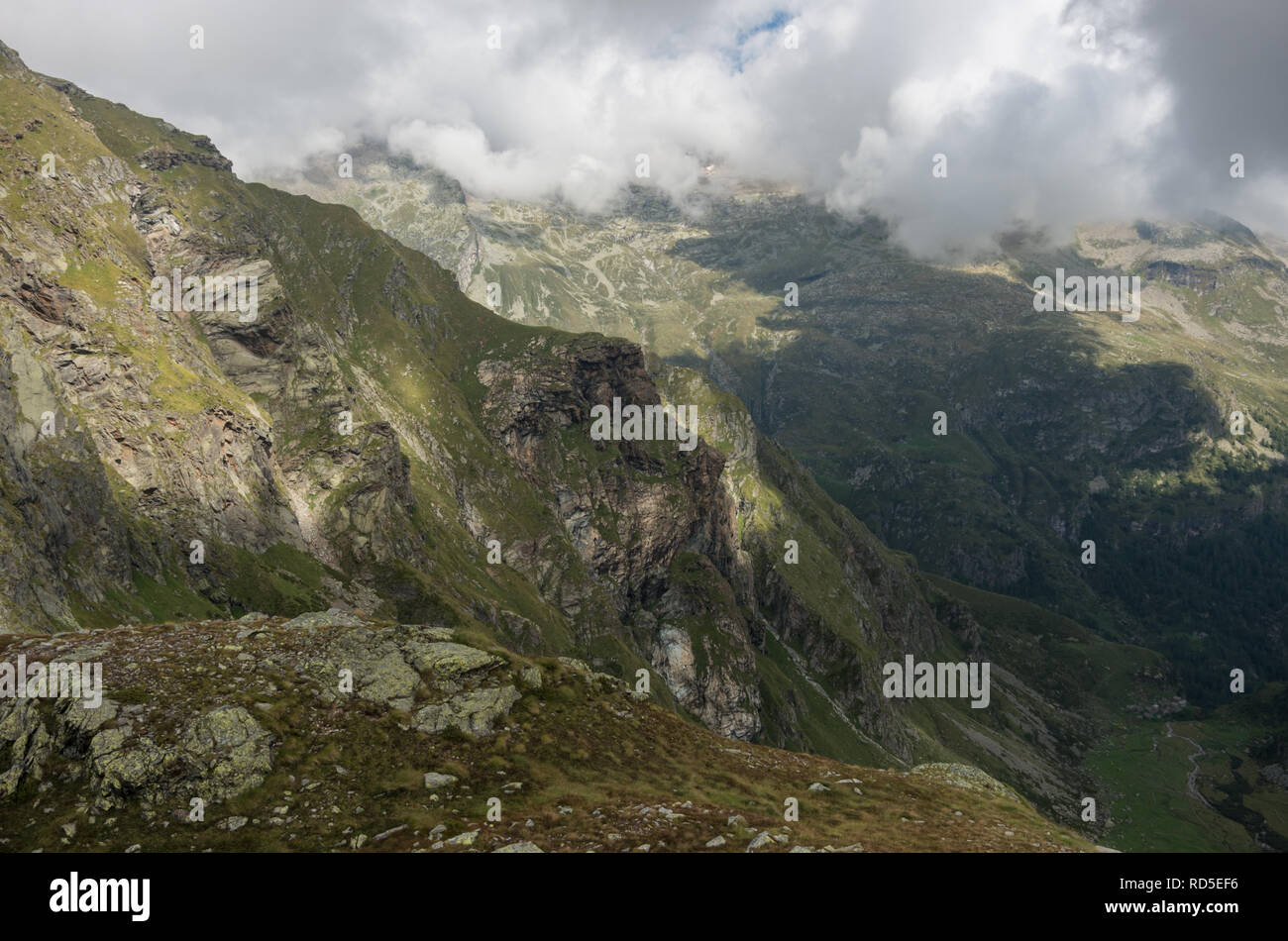 View to valley Bors from top of Cascata delle Pisse waterfall, Alagna Valsesia area, Italy Stock Photo