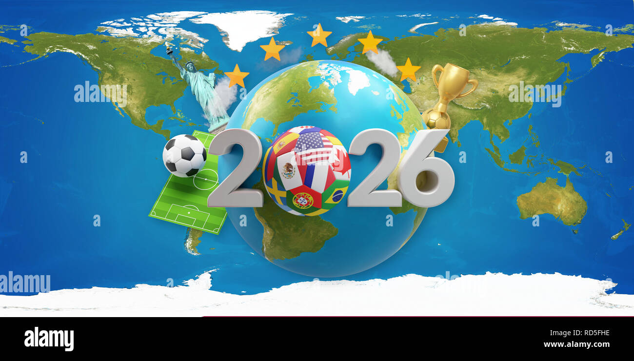 2026 soccer ball with earth globe 3dillustration. elements of this