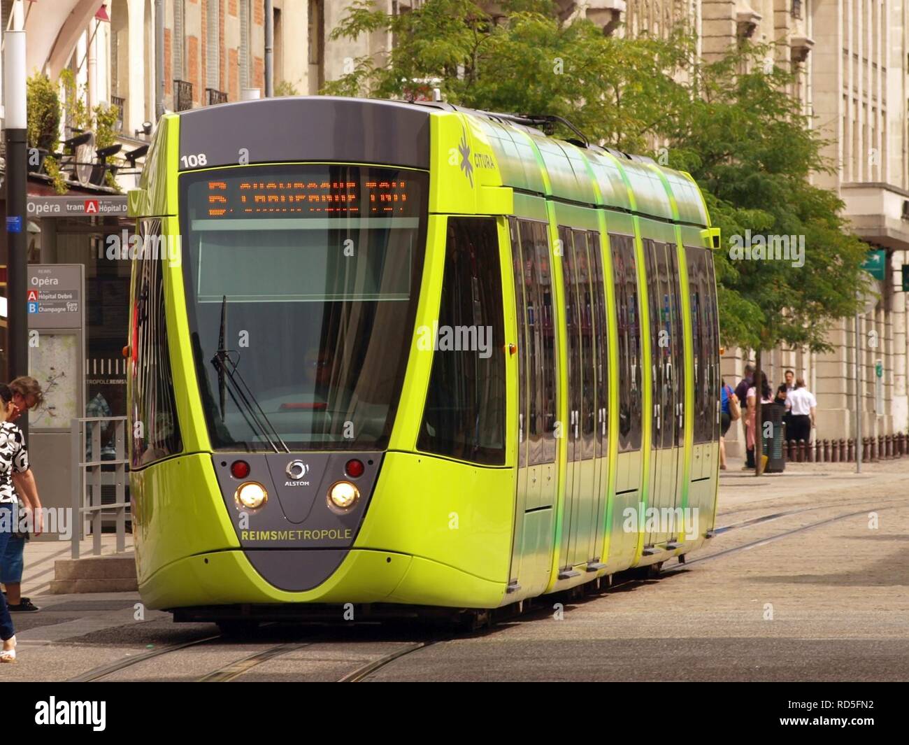 Alstom tram green wagon 108 of the Reimsmetropole. Stock Photo