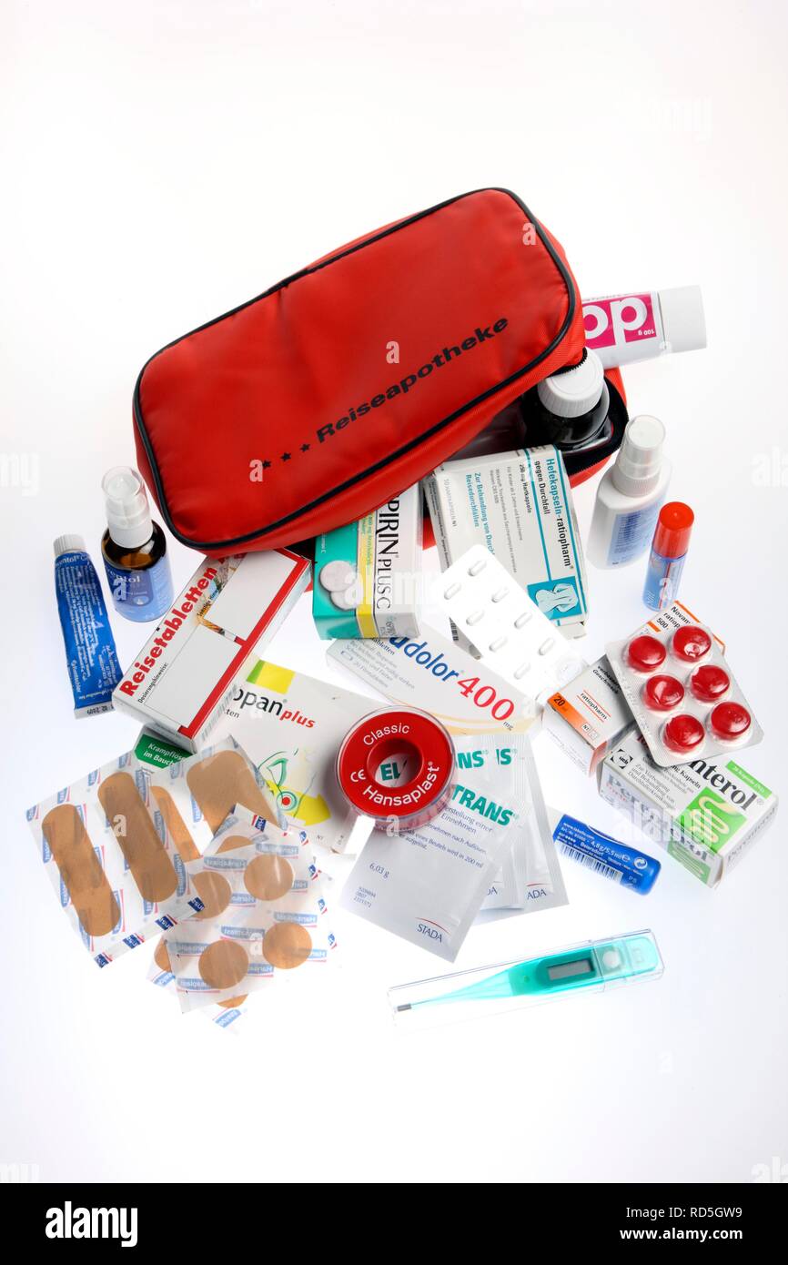 First-aid kit, drugs and bandages Stock Photo