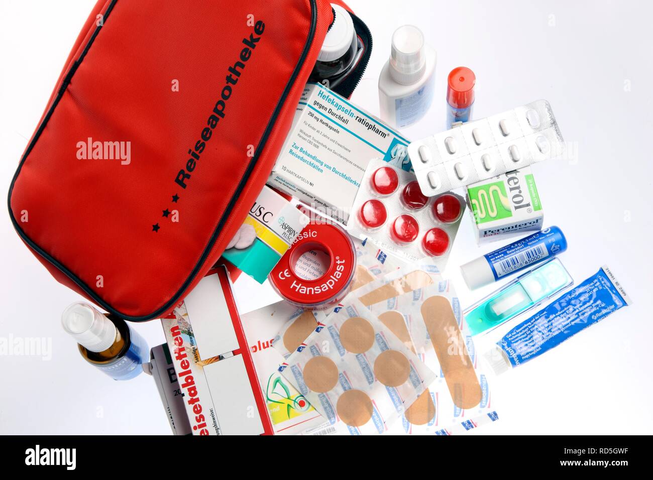 First-aid kit, drugs and bandages Stock Photo