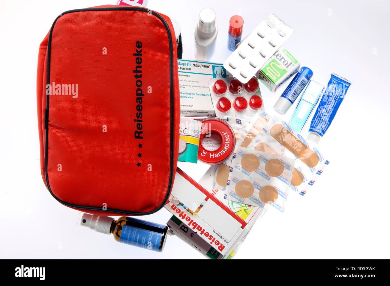 First-aid kit, drugs and bandages Stock Photo