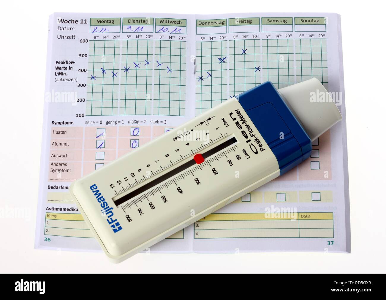 Peak flow meter, measuring instrument for asthma patients, on a diary with  the measurements Stock Photo - Alamy