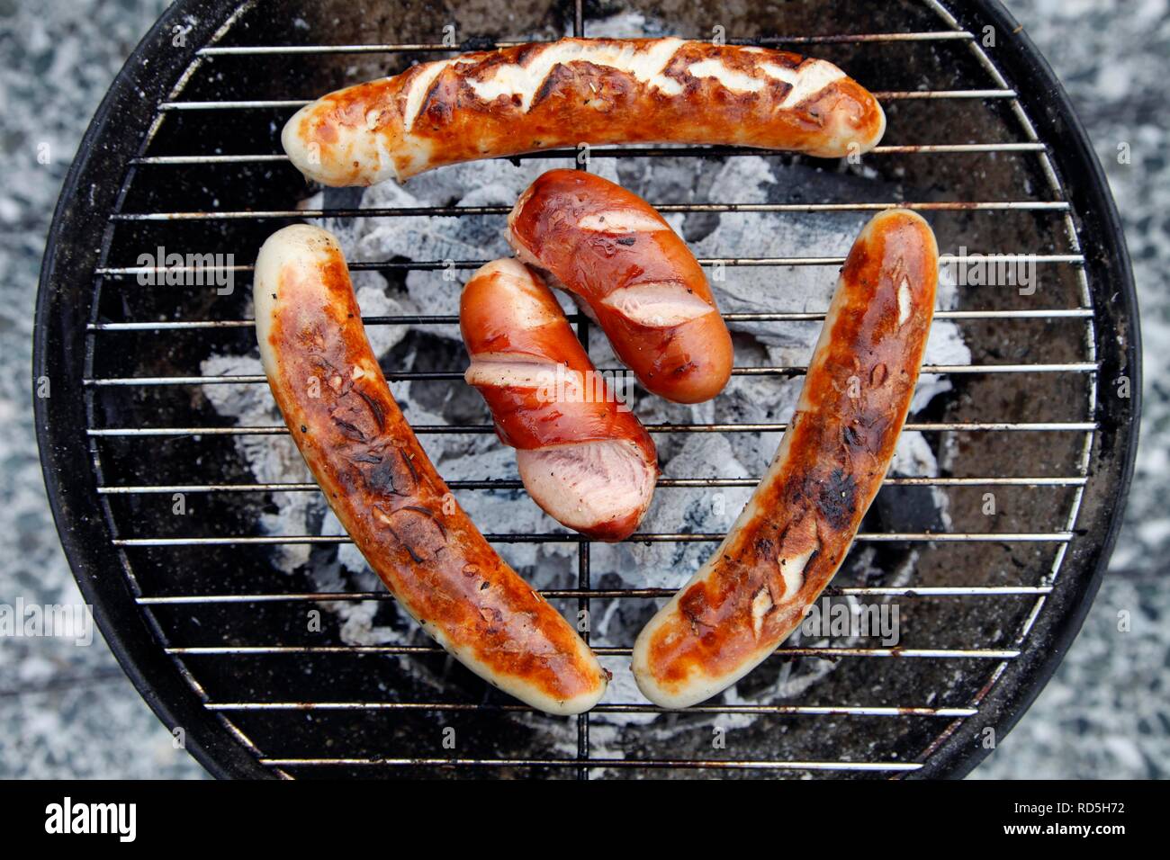 Various types of sausages, veal sausages, on a charcoal grill Stock