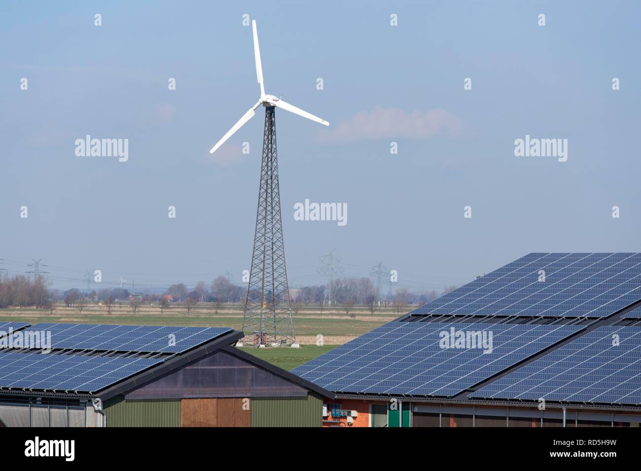 A wind turbine and a photo-voltaic system, Brokdorf, Schleswig-Holstein Stock Photo