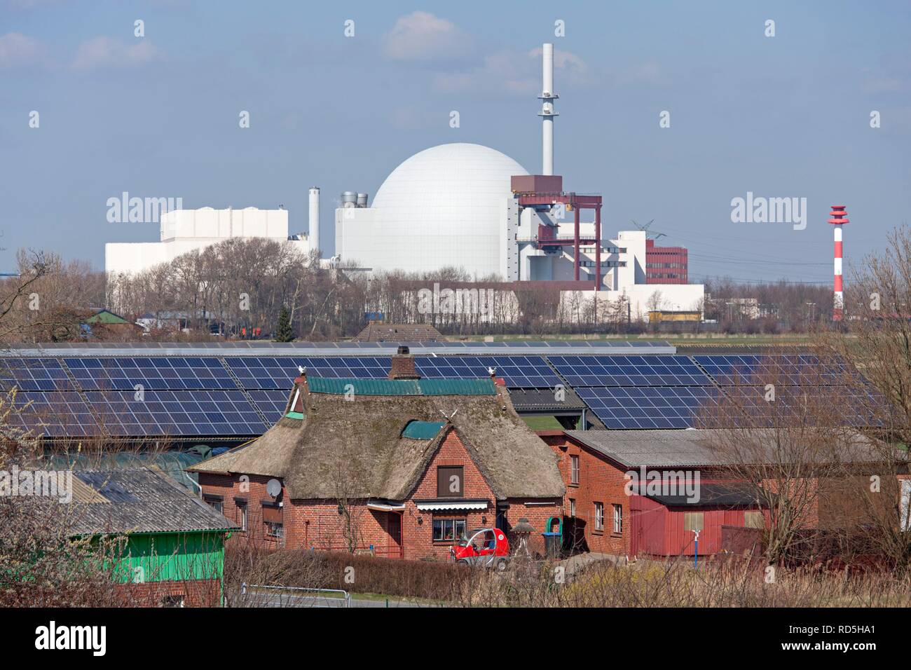 Brokdorf Nuclear Power Plant and a photo-voltaic system, Schleswig-Holstein Stock Photo