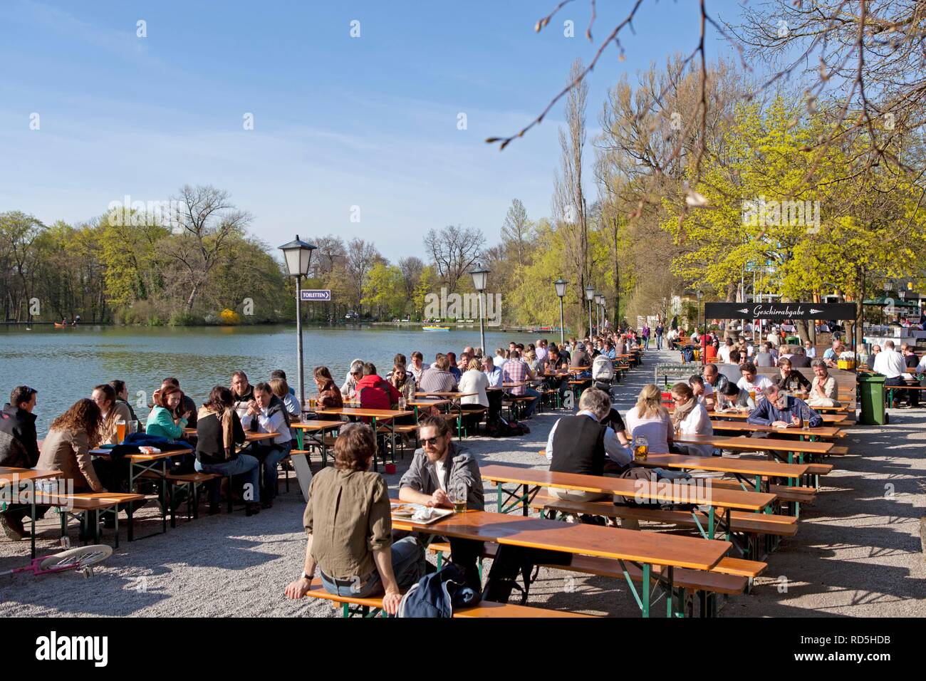 Seehaus beer garden, Kleinhesseloher See lake, English Garden, Munich, Bavaria Stock Photo