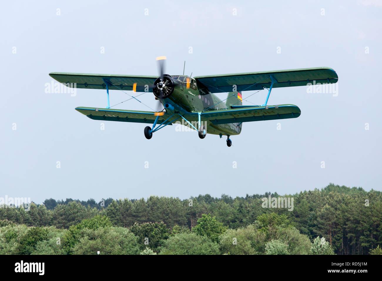 Antonov-2 biplane, celebration of the 100th anniversary of the airfield, in Lueneburg, Lower Saxony, Germany Stock Photo