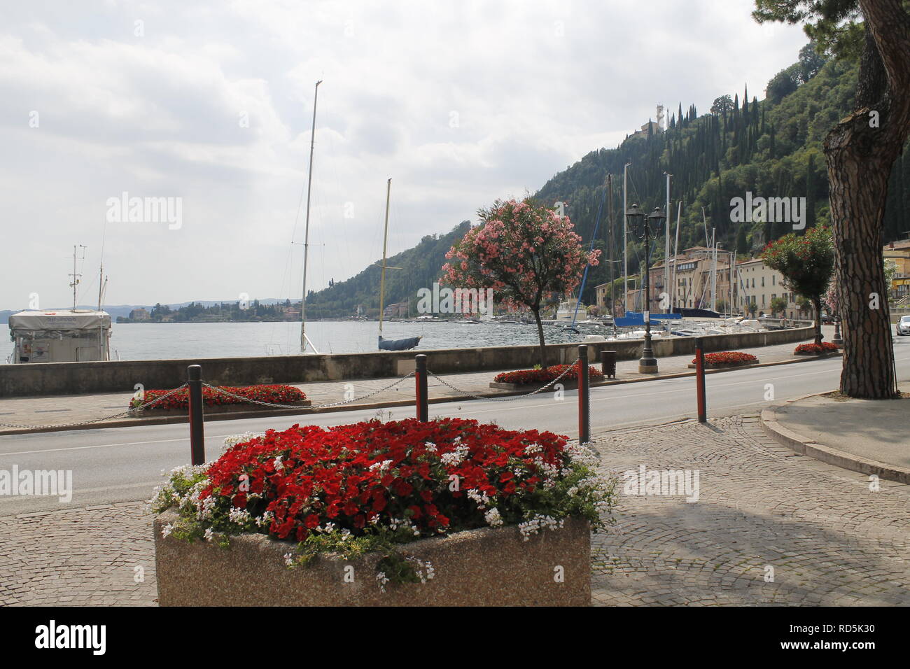 Walkway with colorful flowers on Garda lake in Italy. Stock Photo