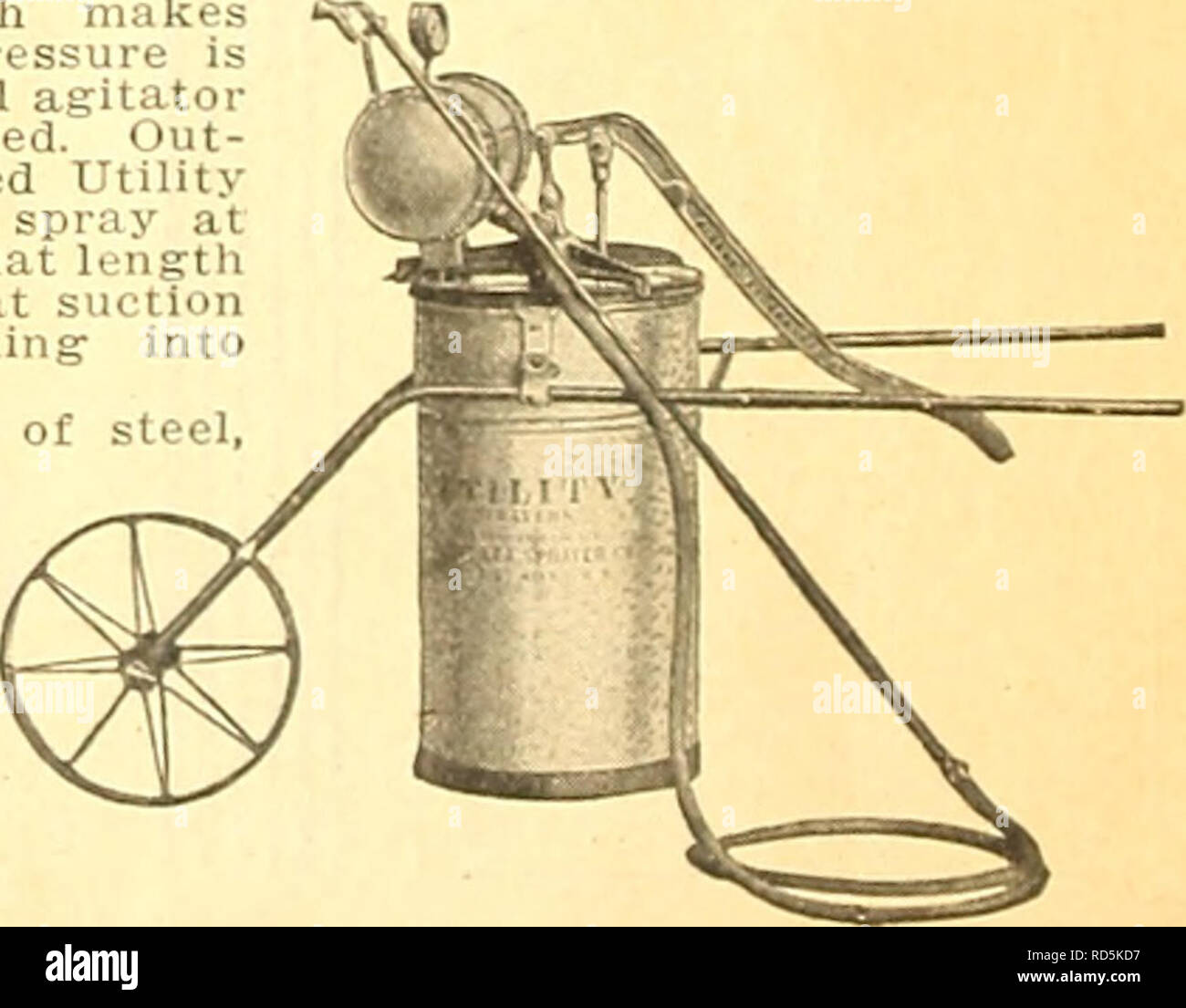 . Currie's farm and garden annual : spring 1920 45th year. Flowers Seeds Catalogs; Bulbs (Plants) Seeds Catalogs; Vegetables Seeds Catalogs; Nurseries (Horticulture) Catalogs; Plants, Ornamental Catalogs; Gardening Equipment and supplies Catalogs. UTILITY No. 40-A PORTABLE OUTFIT Very useful for painting, whitewashing, and disinfecting warehouses, factories, barns, trees and greenhouses. T.4.NK larger than most similar outfits, made of heavy galvanized iron, re-inforced at top and bottom witli heavy band iron rings. PUMP—The cylinder is made of heavy brass tubing and has brass plungers packed  Stock Photo