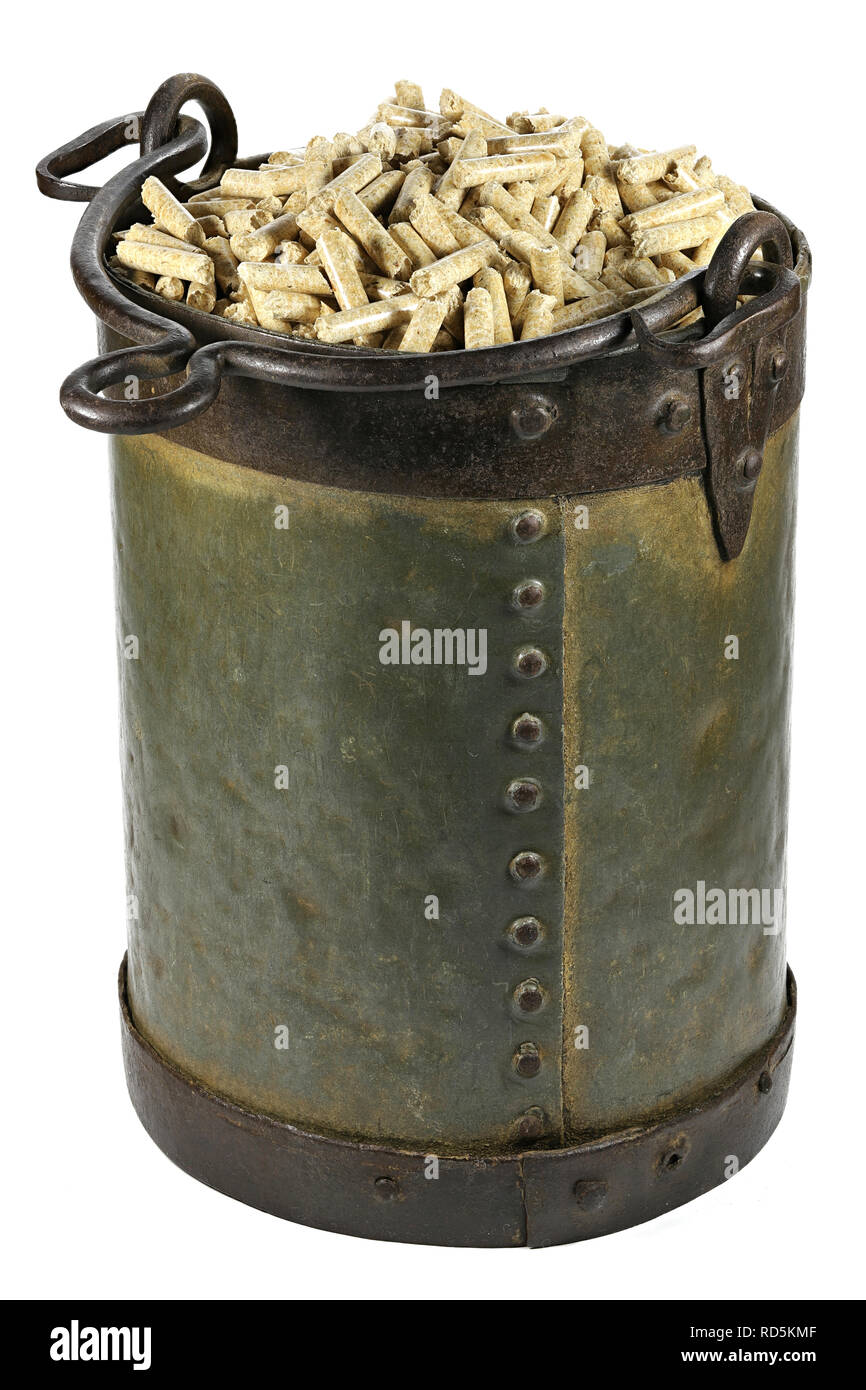 vintage bucket with wood pellets isolated on white background Stock