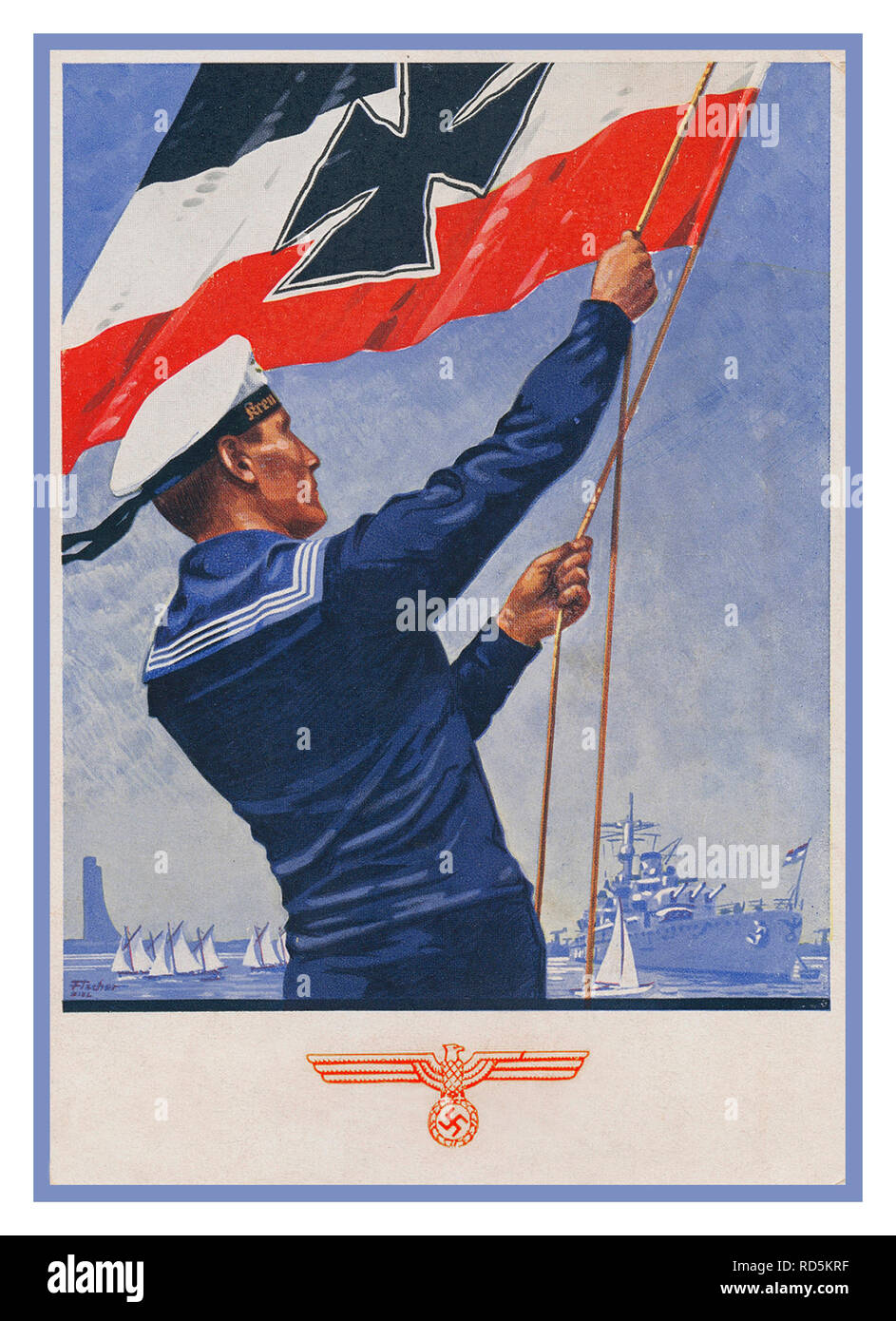 WW2 1940’s German Propaganda Postcard/Poster Kriegsmarine German Navy with German sailor raising the German naval flag with battleship behind German Eagle and Swastika emblem below. The Kriegsmarine was the navy of Nazi Germany from 1935 to 1945. It superseded the Imperial German Navy of the German Empire (1871–1918) and the inter-war Reichsmarine (1919–1935) of the Weimar Republic. Stock Photo