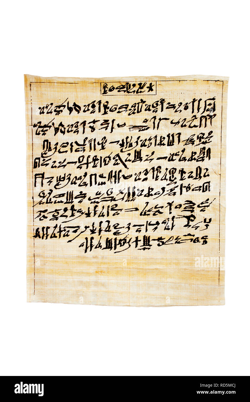 Papyrus containing the anthem of Sekhmet-Bast, daughter of Ra Egyptian Book of the Dead, chapter CLXIV 164 in hieratika. Handpainted with ink now. Iso Stock Photo