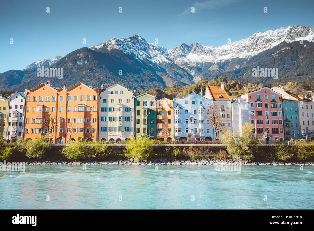 Panoramic view of the historic city center of Innsbruck with colorful