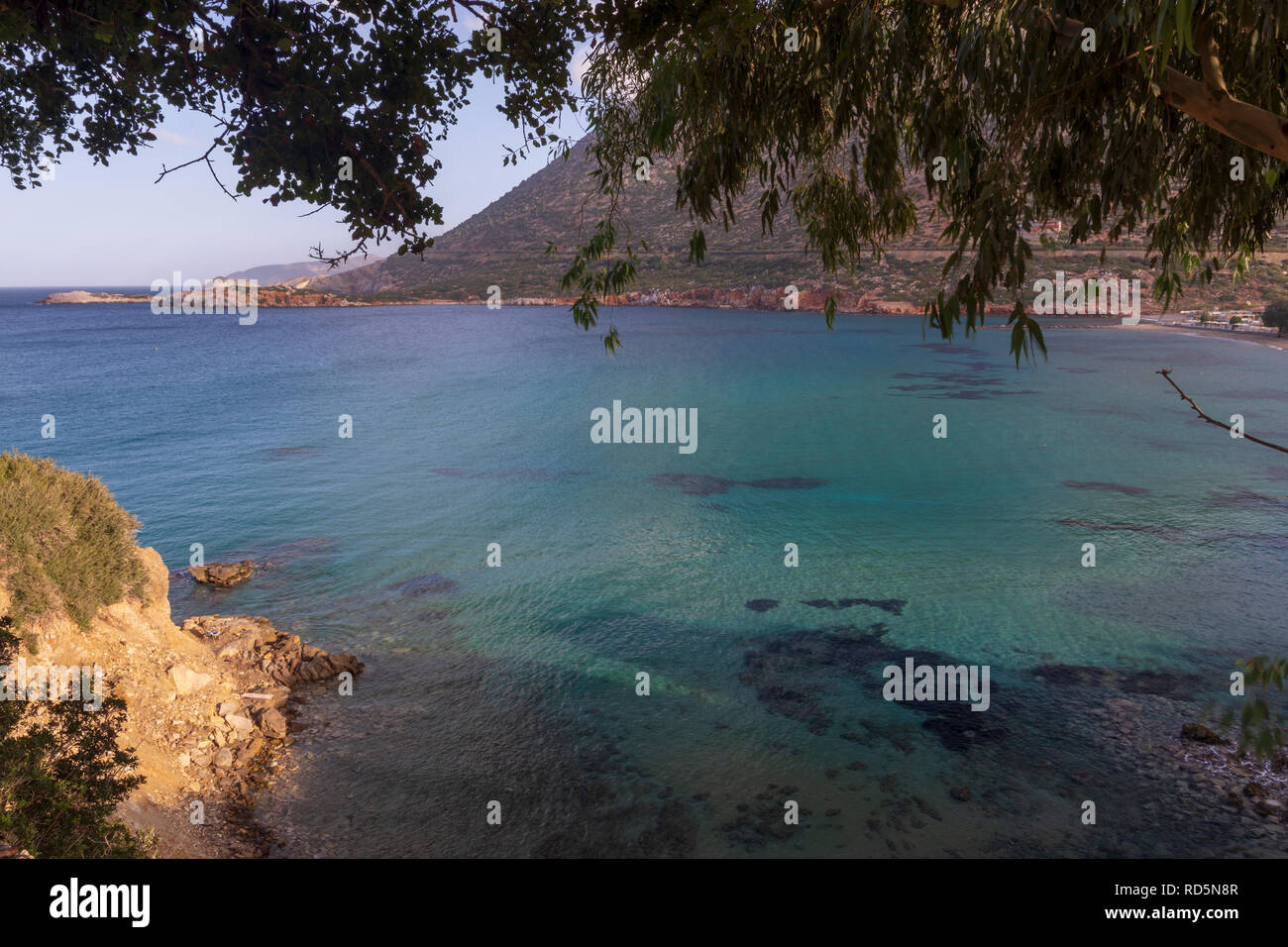 Twigs from a tree in foreground and a bay with blue water in background, picture from Bali area in Rethymno on Crete Island Stock Photo