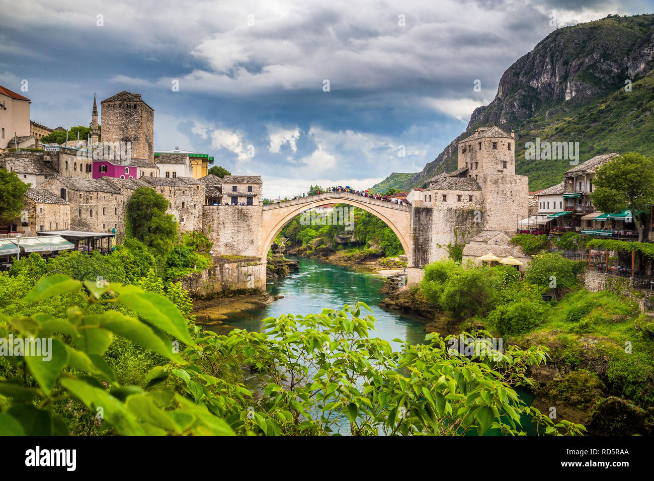 Panoramic aerial view of the historic town of Mostar with famous Old Bridge (Stari Most), a UNESCO World Heritage Site since 2005 Stock Photo