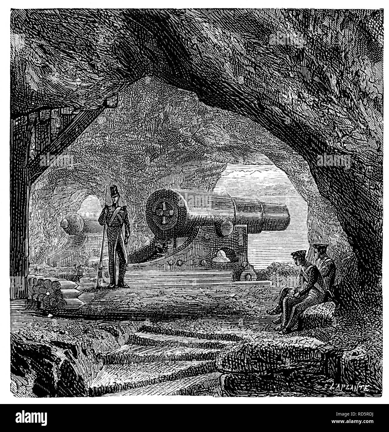 Fortifications of Gibraltar, from The Mediterranean Illustrated, Nelson, London, 1880: cannon in St Michael's Cave Stock Photo