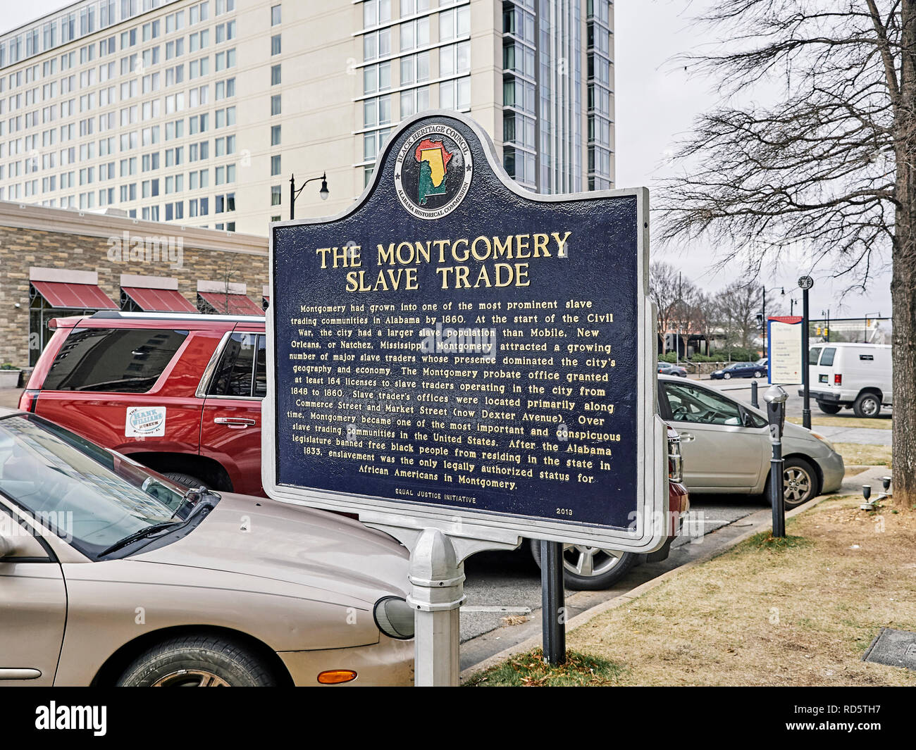 Slave trade historical marker describing the treatment of slaves in the 1800's during the height of the slave trade in Montgomery, Alabama USA. Stock Photo