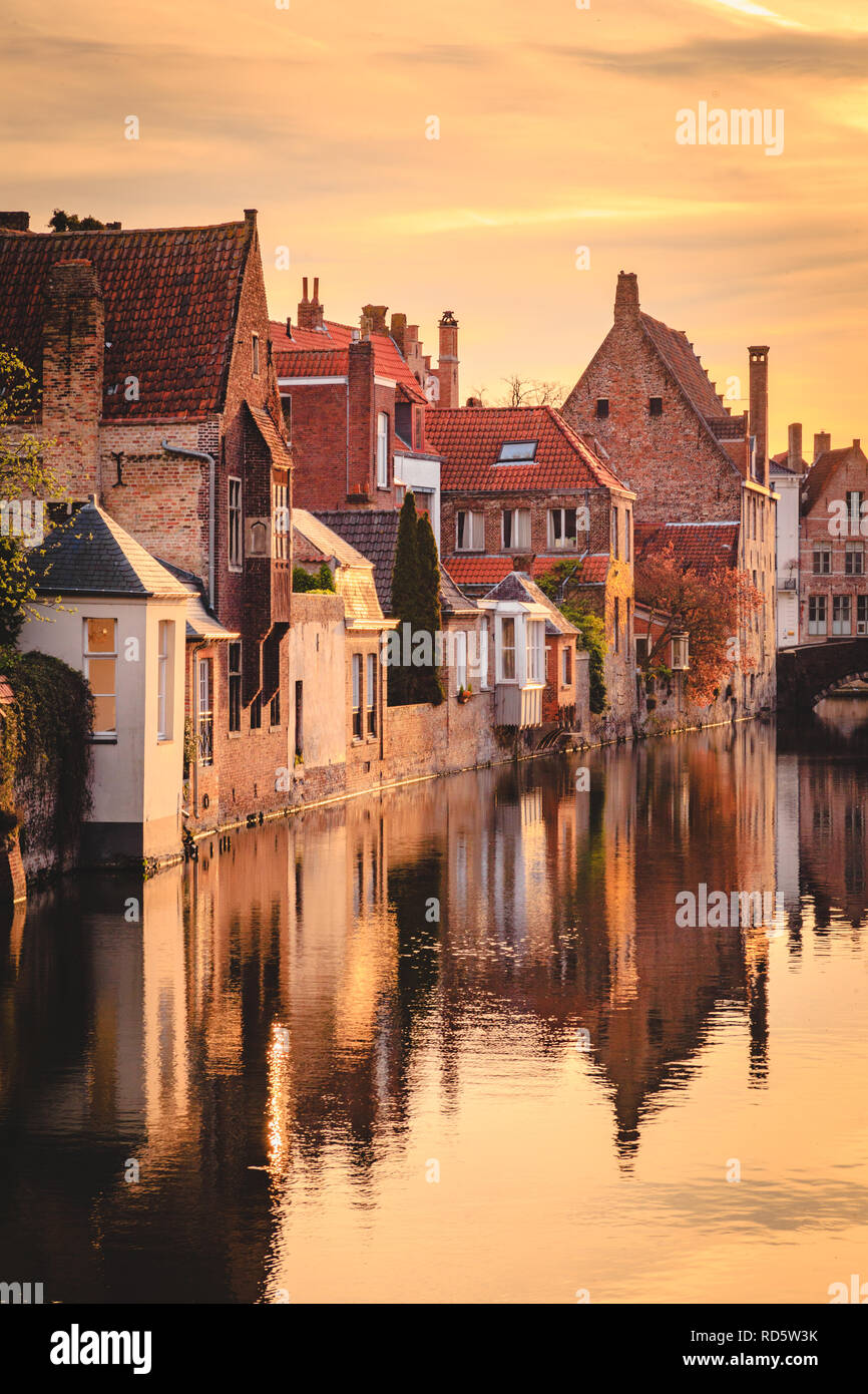 Scenic view of the historic city center of Brugge in beautiful golden morning light at sunrise, province of West Flanders, Belgium Stock Photo
