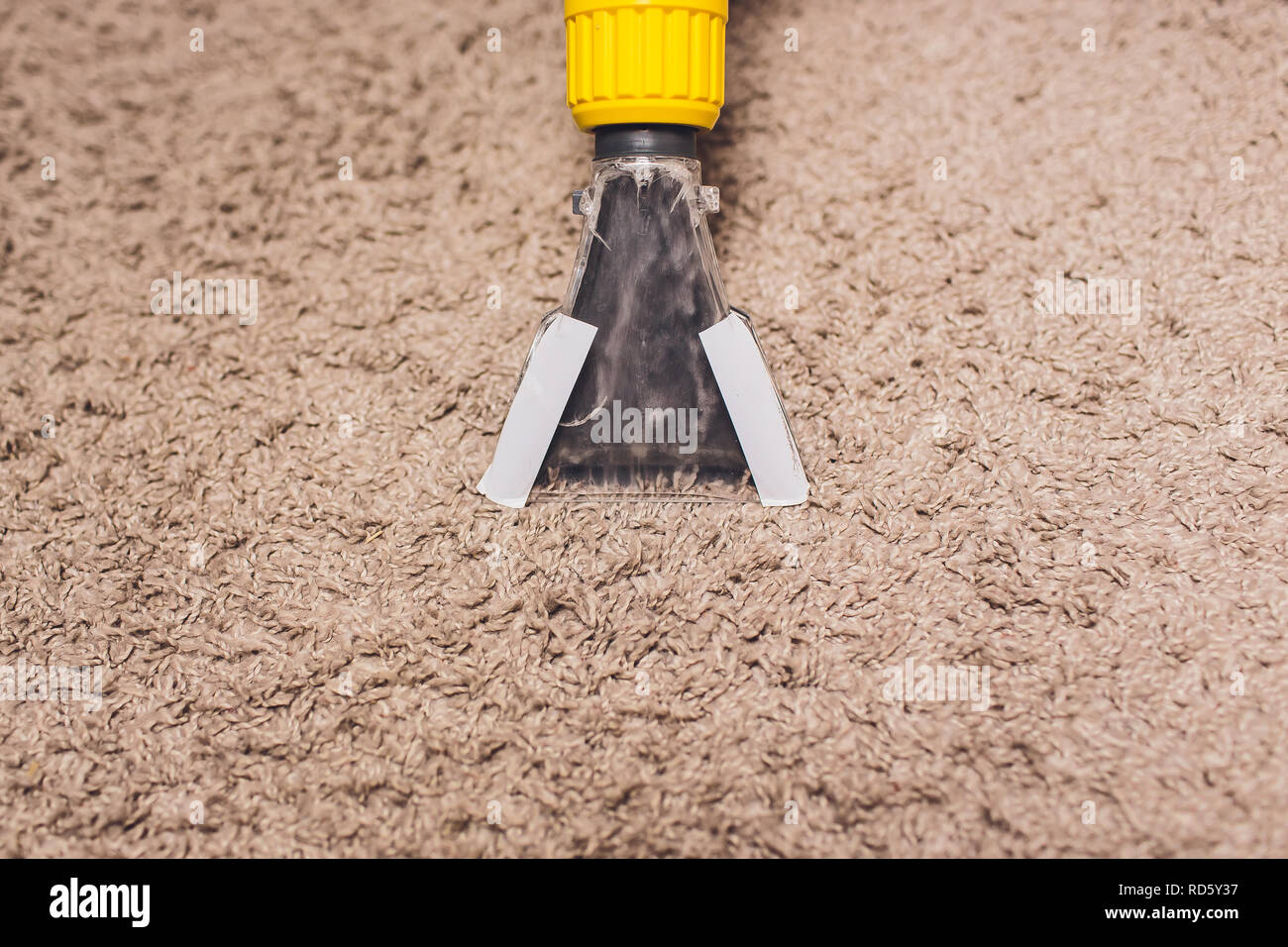 Woman removing dirt from carpet with vacuum cleaner in room Stock Photo