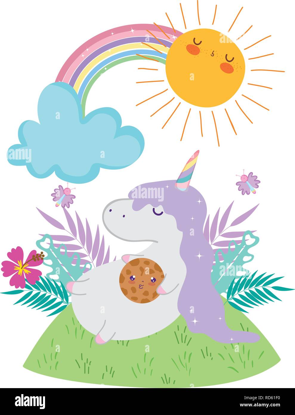 cute unicorn with clouds and rainbow kawaii Stock Vector Image & Art ...