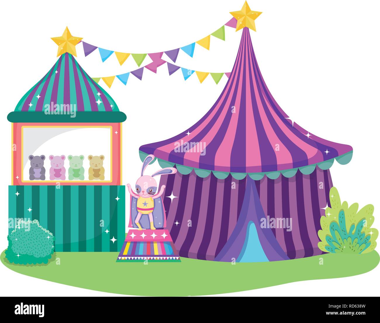 cute circus rabbit with layer and kiosk Stock Vector