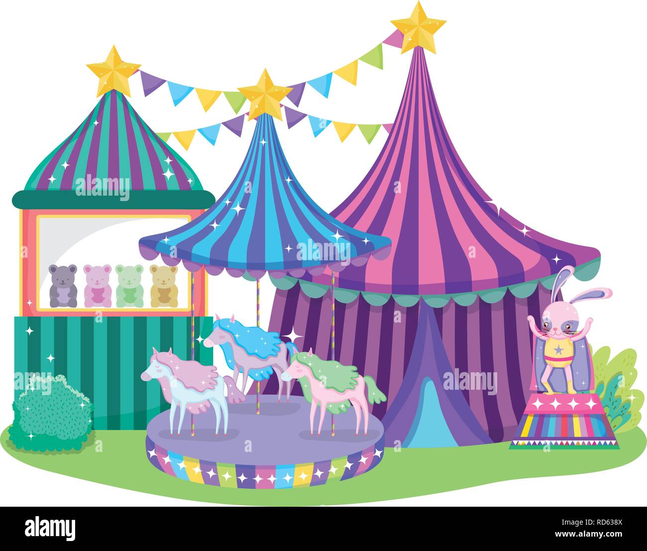 cute circus rabbit with layer and kiosk Stock Vector