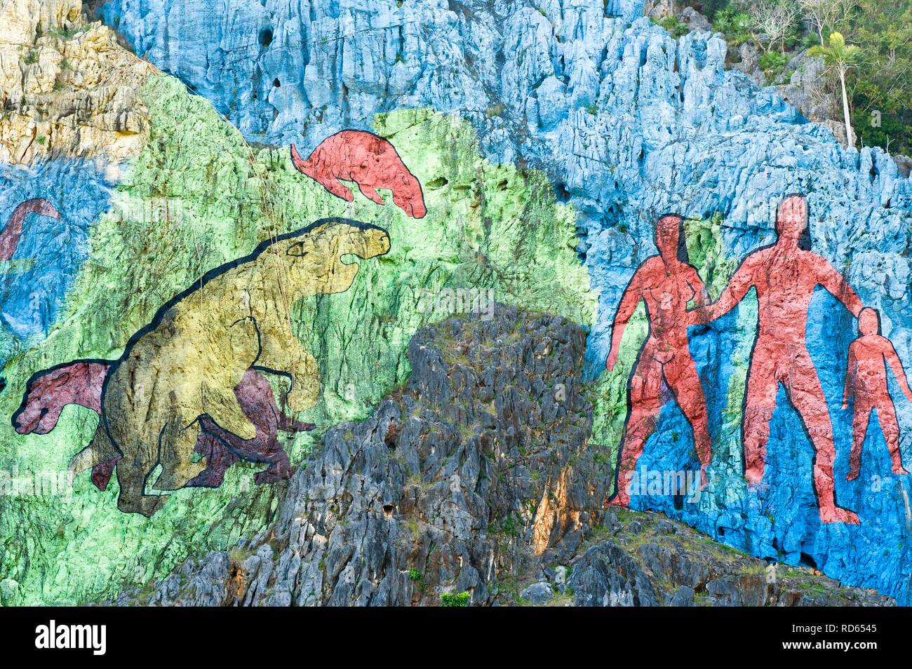 Mural de la Prehistoria, Prehistoric wall, Vinales, Unesco World Heritage Site, Pinar del Rio Province, Cuba, Central America Stock Photo