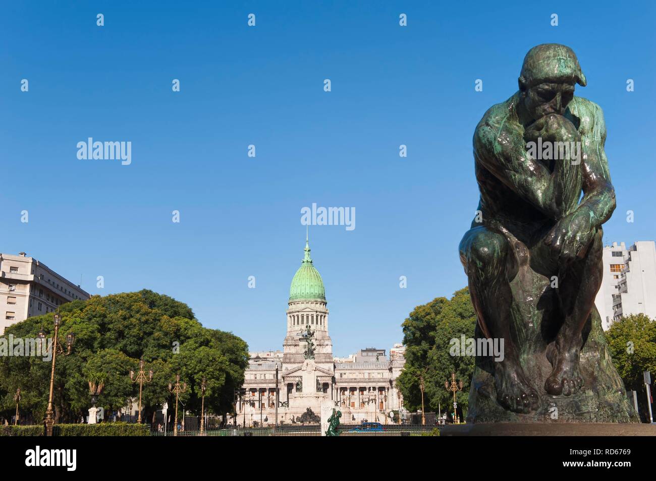 The Thinker, sculpture by Auguste Rodin, Argentinean National Congress in the back, Plaza del Congreso, Buenos Aires, Argentina Stock Photo