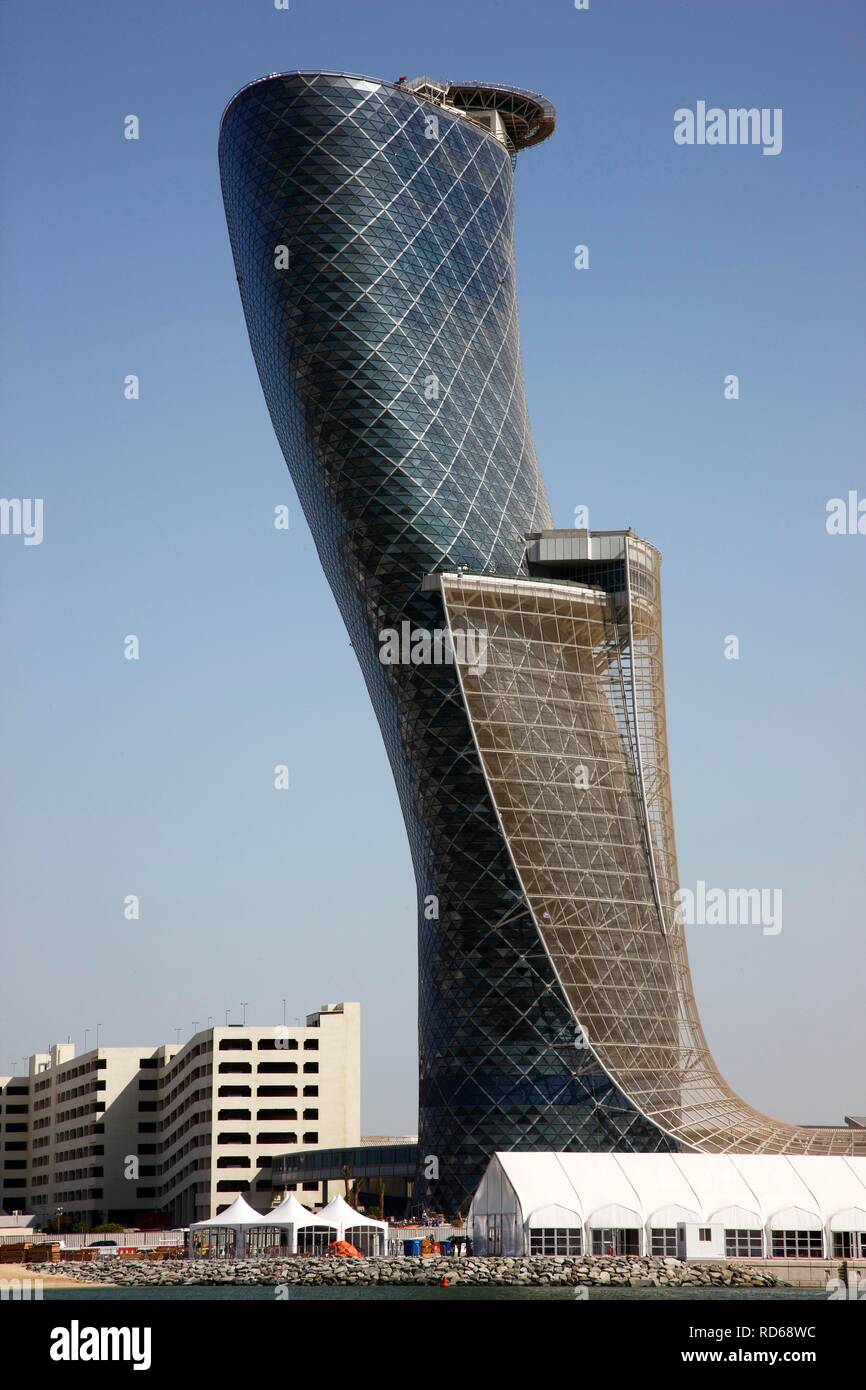 The Capital Gate skyscraper accommodating a 5-star Hyatt Hotel is part of the Abu Dhabi National Exhibitions Company exhibition Stock Photo