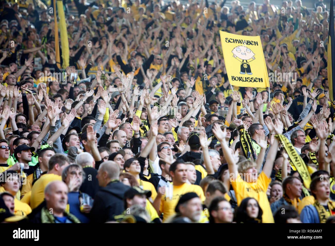 Fans of BVB Borussia Dortmund 09 football club on the south stand, Signal Iduna Park football arena, Dortmund Stock Photo