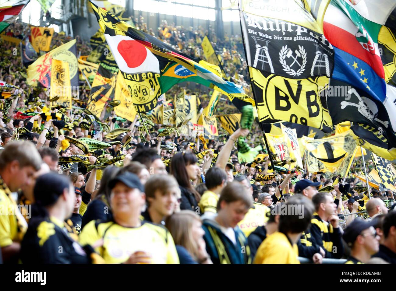 Fans of BVB Borussia Dortmund 09 football club on the south stand, Signal Iduna Park football arena, Dortmund Stock Photo