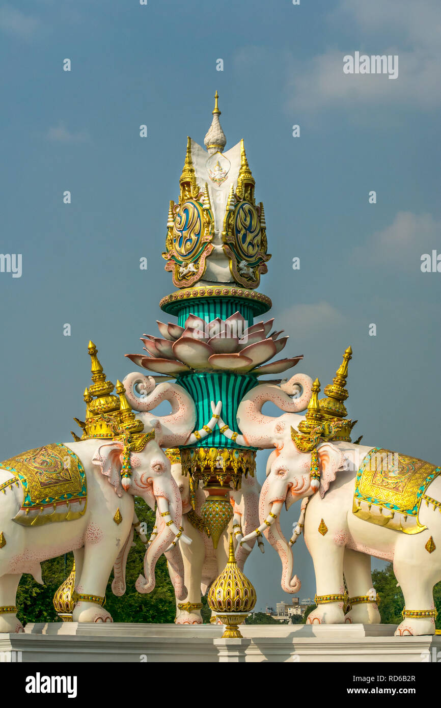 Three White Elephants Monument Located in the center of a roundabout near the Grand Palace, Bangkok, Thailand. Stock Photo