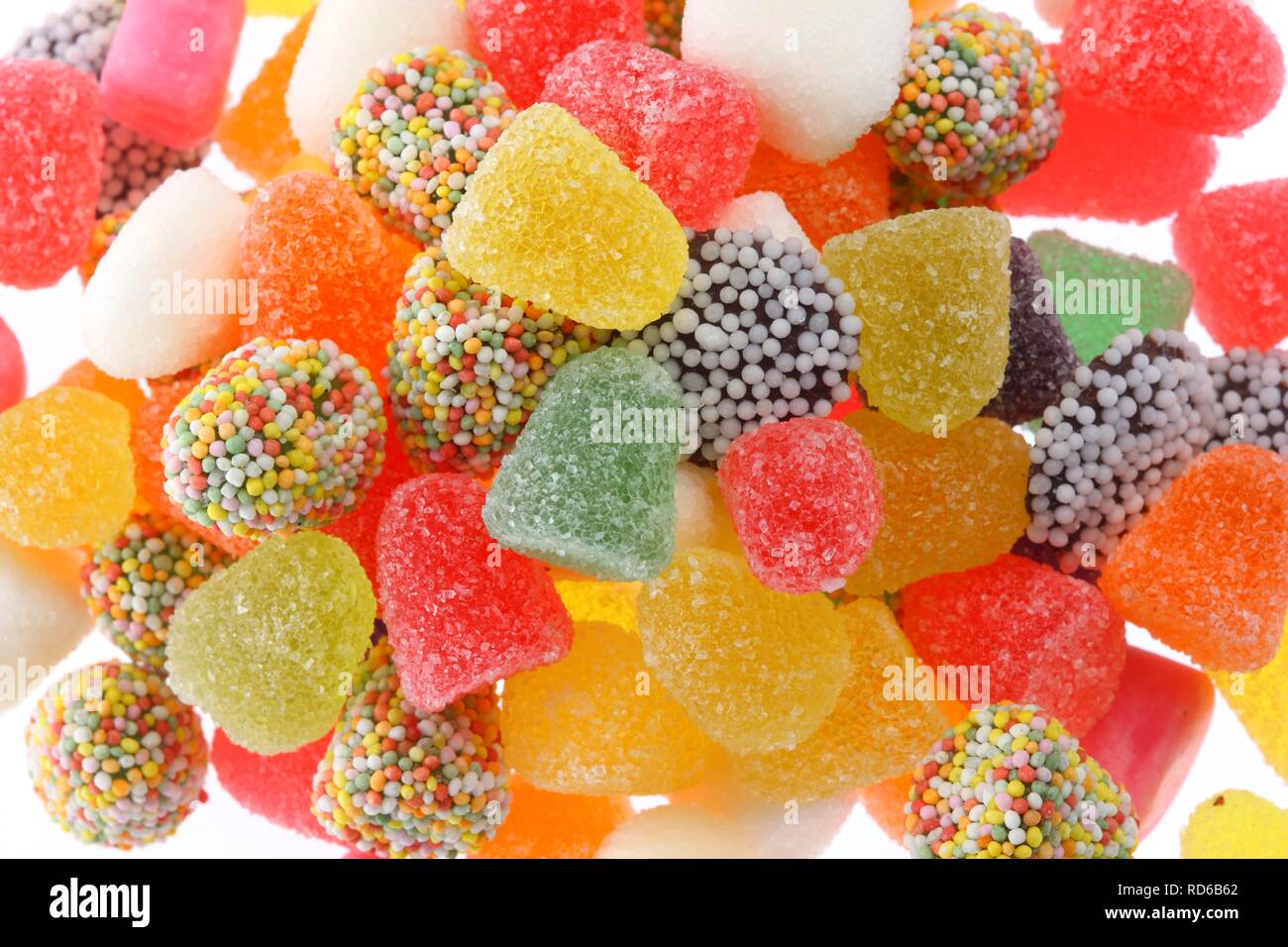 Jelly and fruit gum cones, some with pearl sugar coating Stock Photo