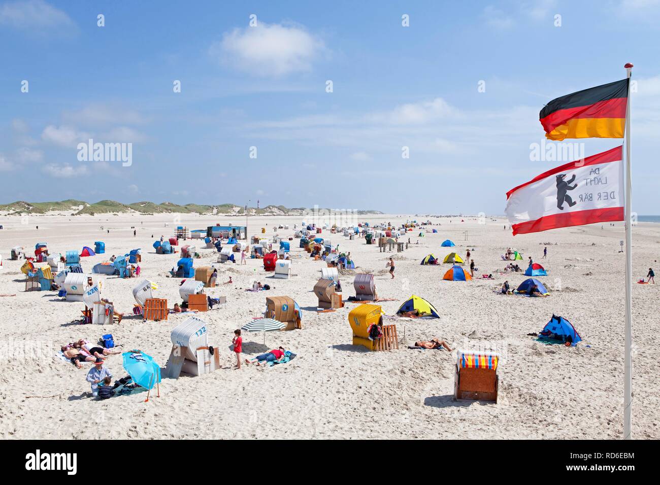Vacationers on the beach, Kniepsand sandbank, Amrum island, North Friesland, Schleswig-Holstein Stock Photo