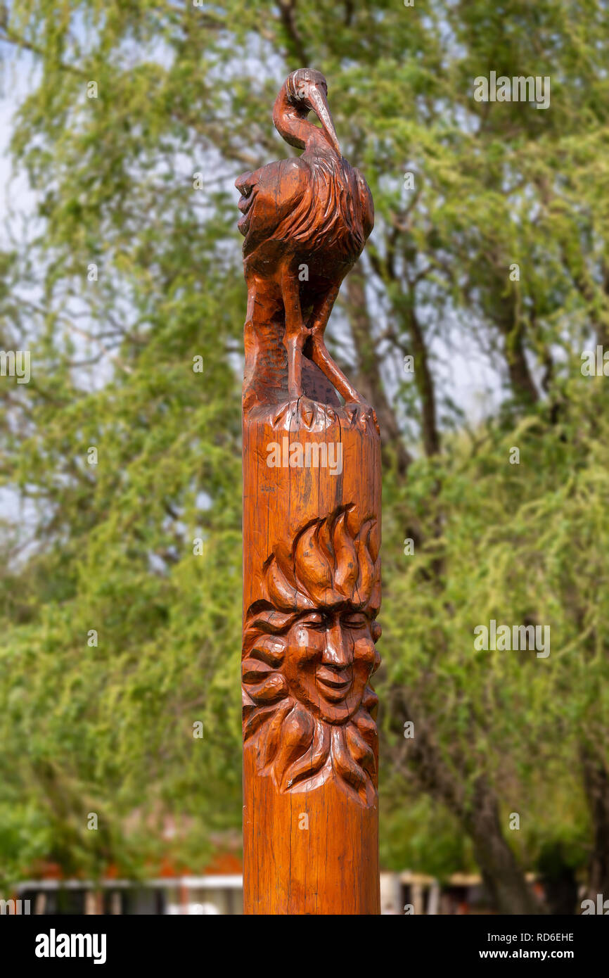 Beautiful carved wood columns in the beach near the lake Balaton, village Vonyarcvashegy of Hungary Stock Photo