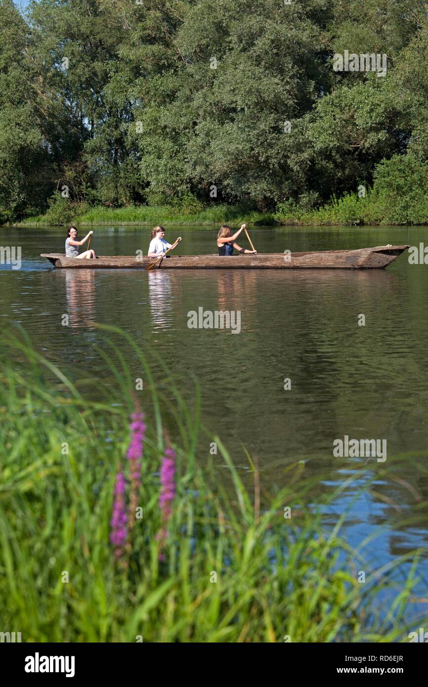 Paddling a dugout canoe, Archaeological Center, Hitzacker, Lower Saxony, PublicGround Stock Photo