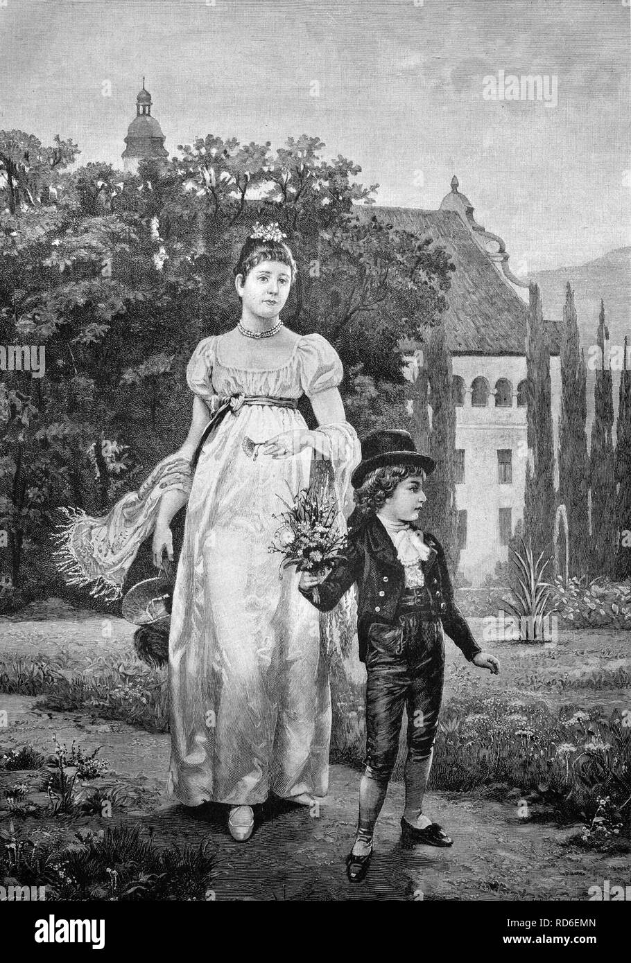 Child has picked a bunch of forest flowers for his mother, historical illustration circa 1893 Stock Photo
