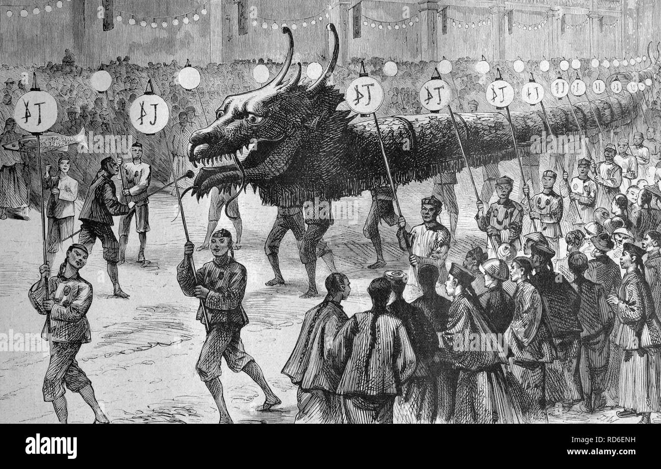 Parade of the Great Dragon in Hong Kong, China, historical illustration circa 1893 Stock Photo