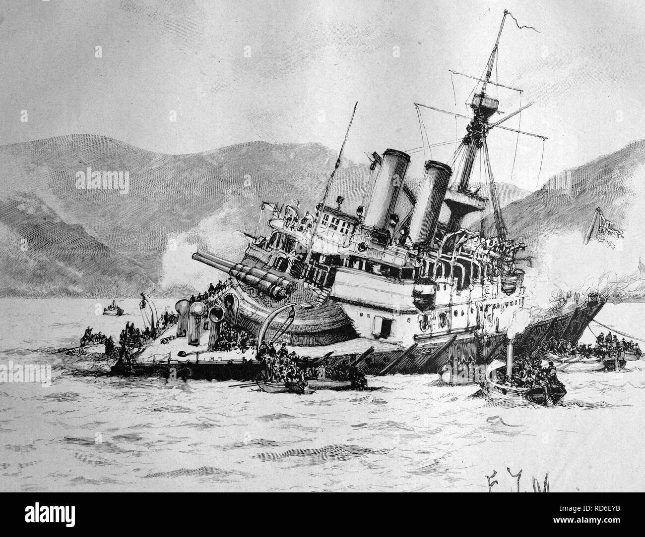 Shipwreck of the British battleship Howe at Ferrol in Spain, historical illustration circa 1893 Stock Photo