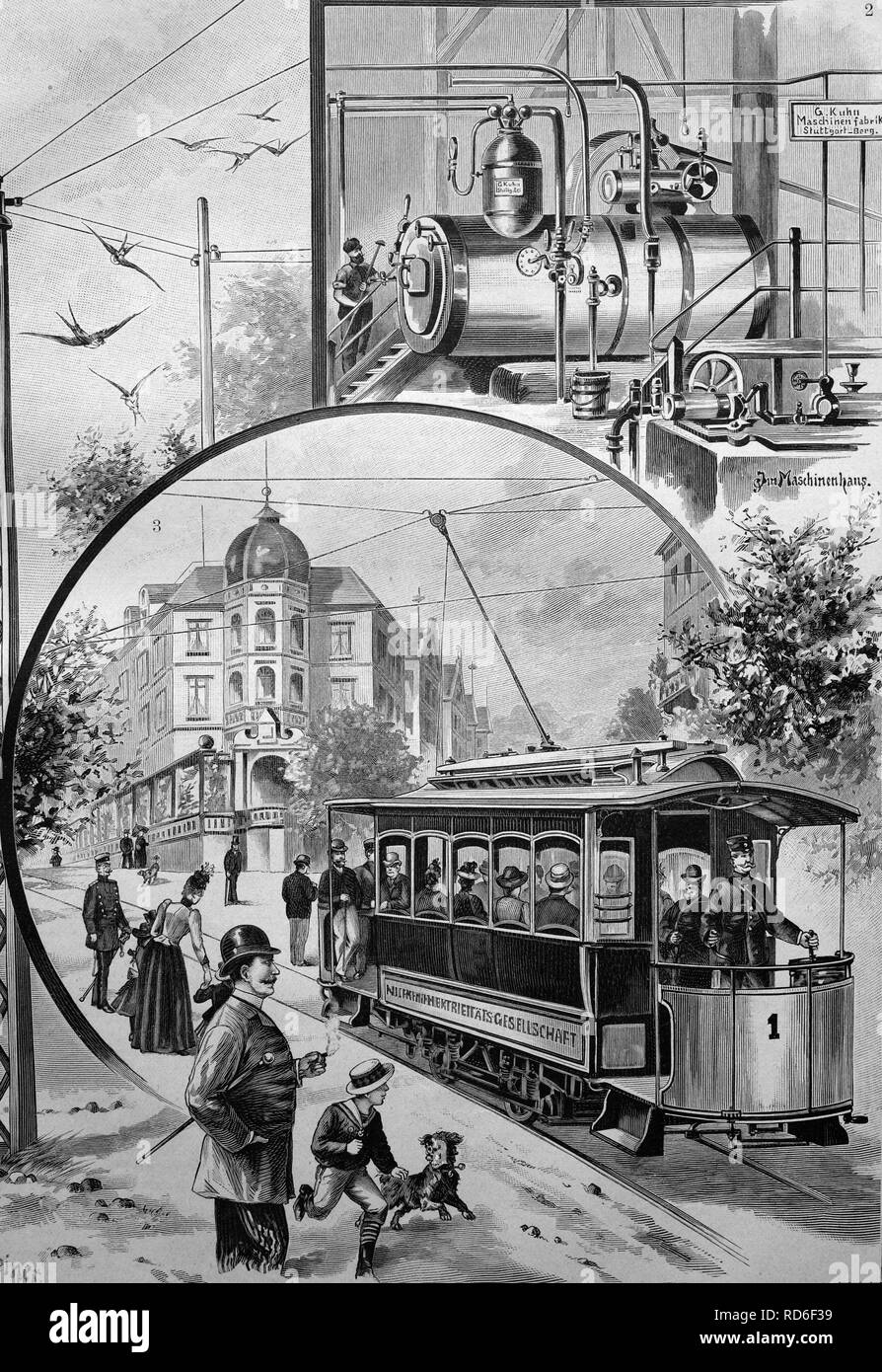 The electric tram in Stuttgart, Baden-Wuerttemberg, Germany, historical illustration, ca. 1893 Stock Photo