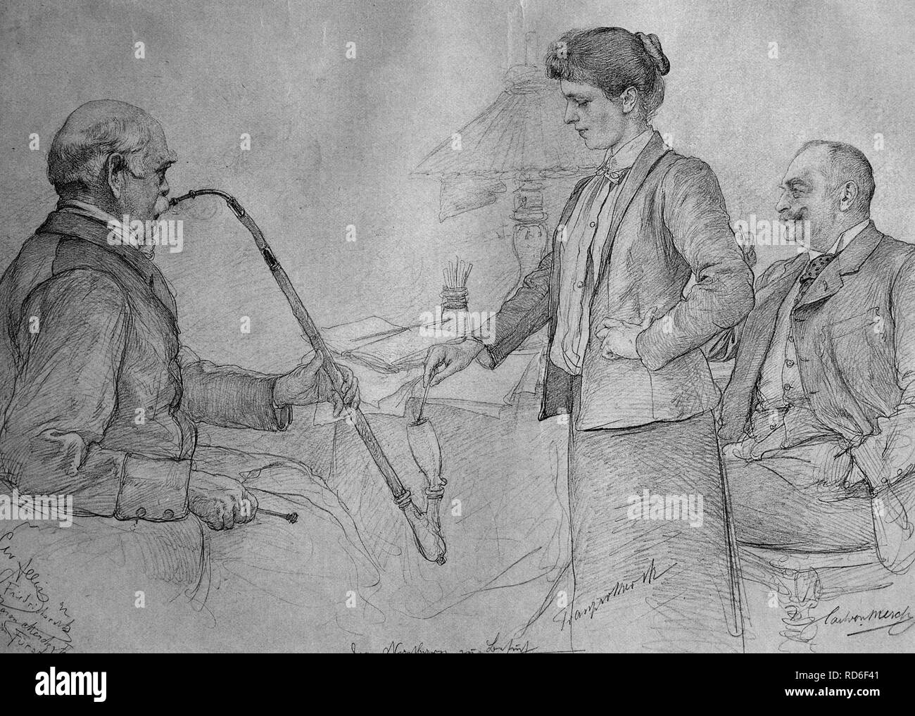 Friedrich von Bismarck smoking a pipe, historical illustration, ca. 1893 Stock Photo